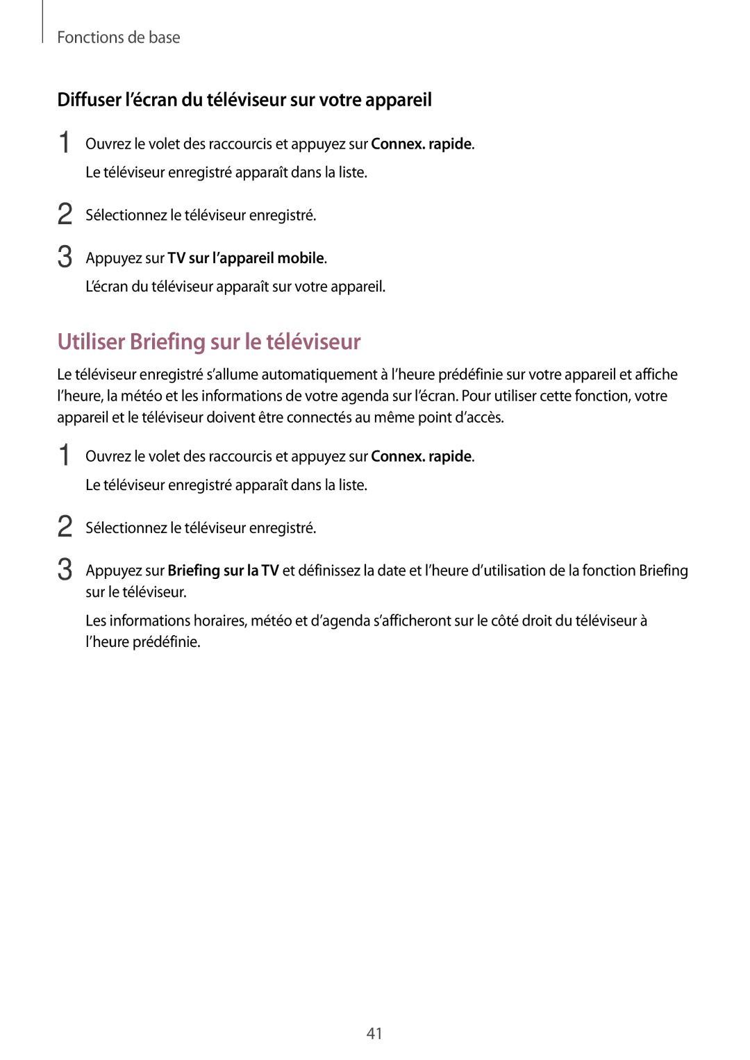 Samsung SM-T710NZKEXEF manual Utiliser Briefing sur le téléviseur, Diffuser l’écran du téléviseur sur votre appareil 