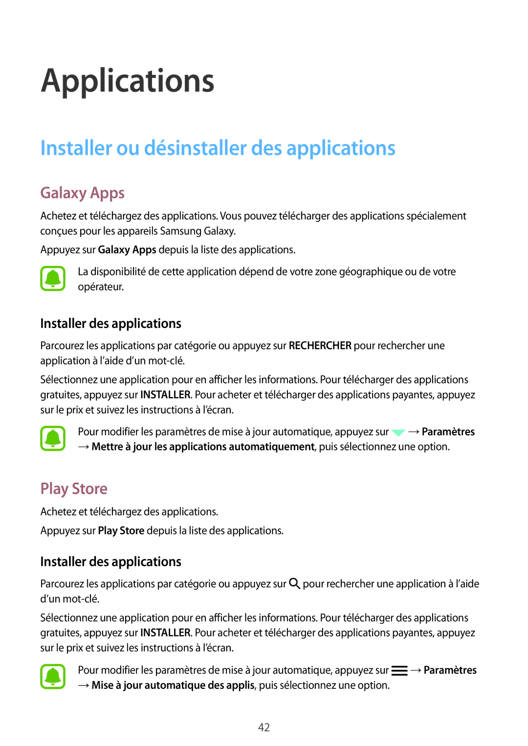 Samsung SM-T710NZWEXEF Installer ou désinstaller des applications, Galaxy Apps, Play Store, Installer des applications 