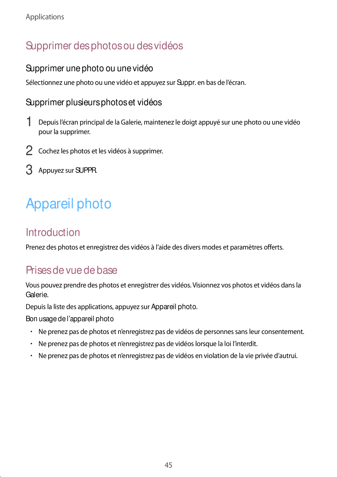 Samsung SM-T710NZKEXEF, SM-T710NZWEXEF manual Appareil photo, Supprimer des photos ou des vidéos, Prises de vue de base 