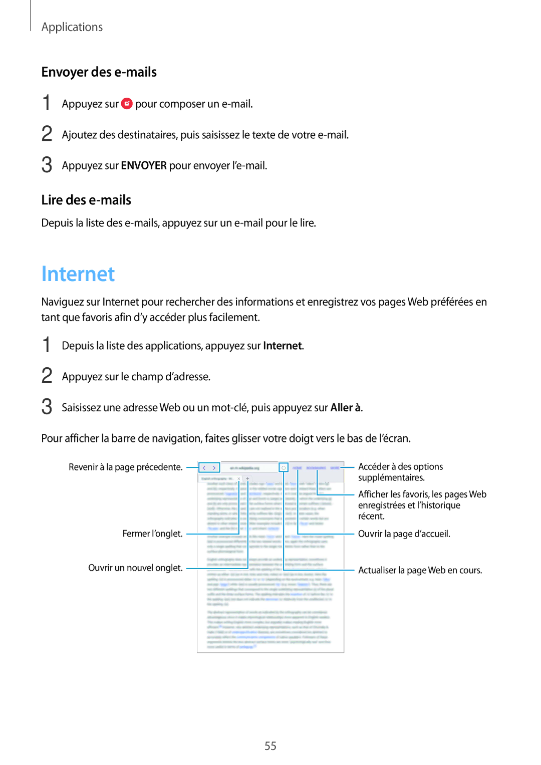 Samsung SM-T710NZKEXEF, SM-T710NZWEXEF manual Internet, Envoyer des e-mails, Lire des e-mails 