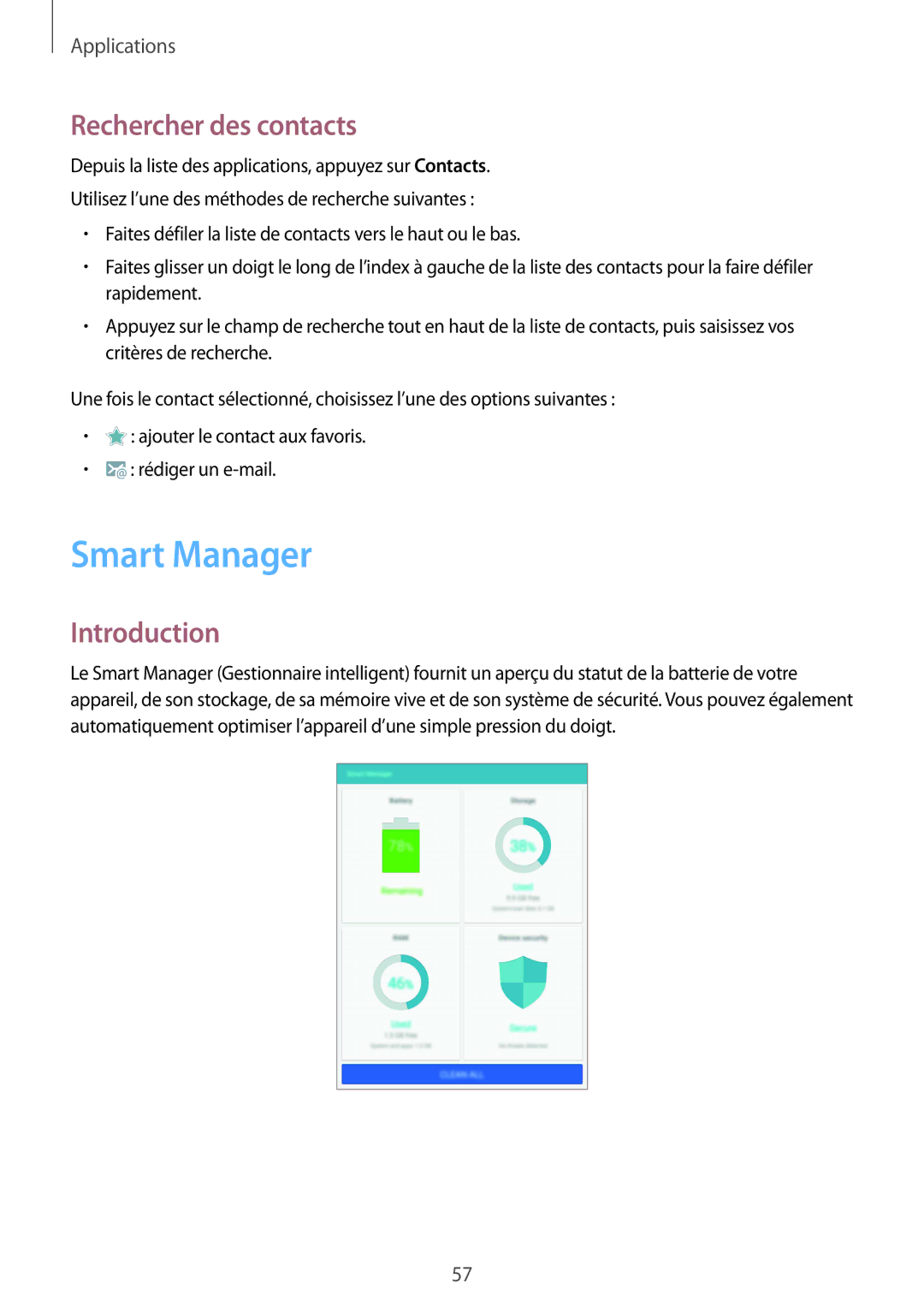 Samsung SM-T710NZKEXEF, SM-T710NZWEXEF manual Smart Manager, Rechercher des contacts 