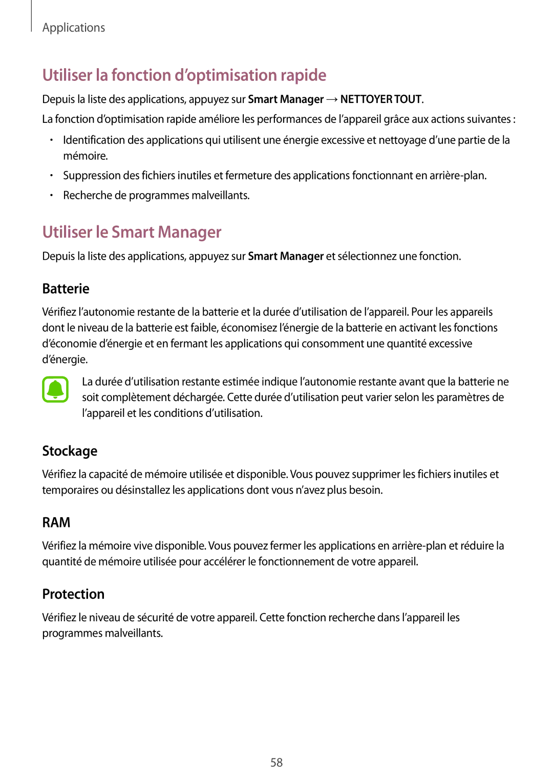 Samsung SM-T710NZWEXEF manual Utiliser la fonction d’optimisation rapide, Utiliser le Smart Manager, Batterie, Stockage 