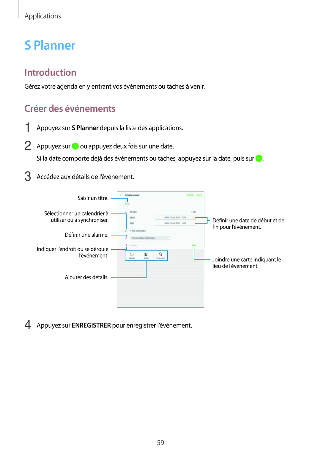 Samsung SM-T710NZKEXEF, SM-T710NZWEXEF manual Planner, Créer des événements 