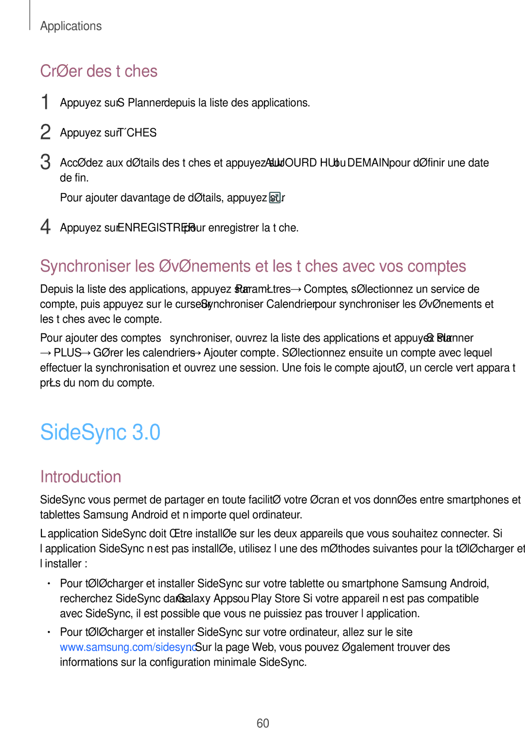 Samsung SM-T710NZWEXEF manual SideSync, Créer des tâches, Synchroniser les événements et les tâches avec vos comptes 