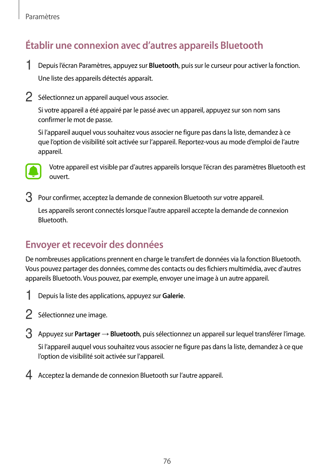 Samsung SM-T710NZWEXEF manual Établir une connexion avec d’autres appareils Bluetooth, Envoyer et recevoir des données 