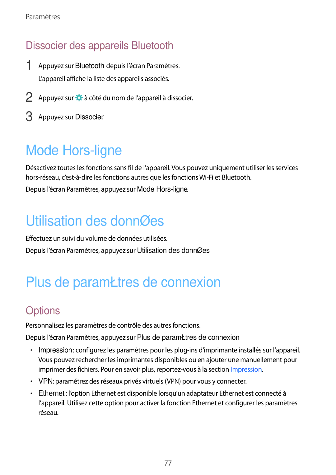 Samsung SM-T710NZKEXEF, SM-T710NZWEXEF Mode Hors-ligne, Utilisation des données, Plus de paramètres de connexion, Options 