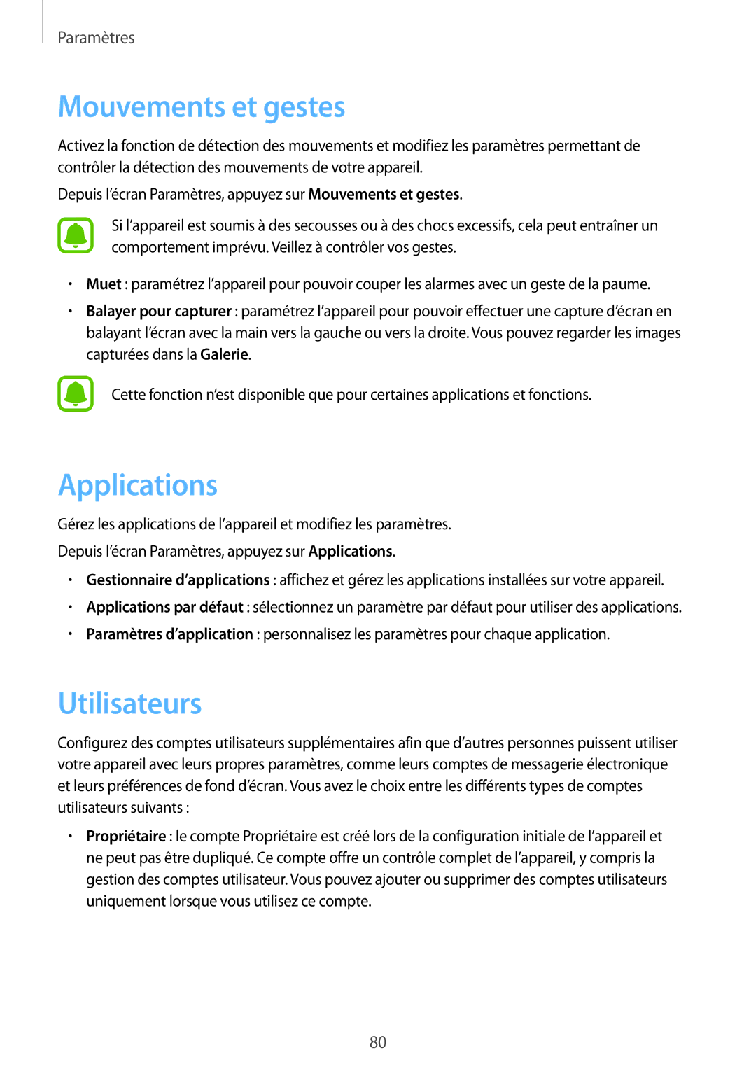 Samsung SM-T710NZWEXEF, SM-T710NZKEXEF manual Mouvements et gestes, Applications, Utilisateurs 