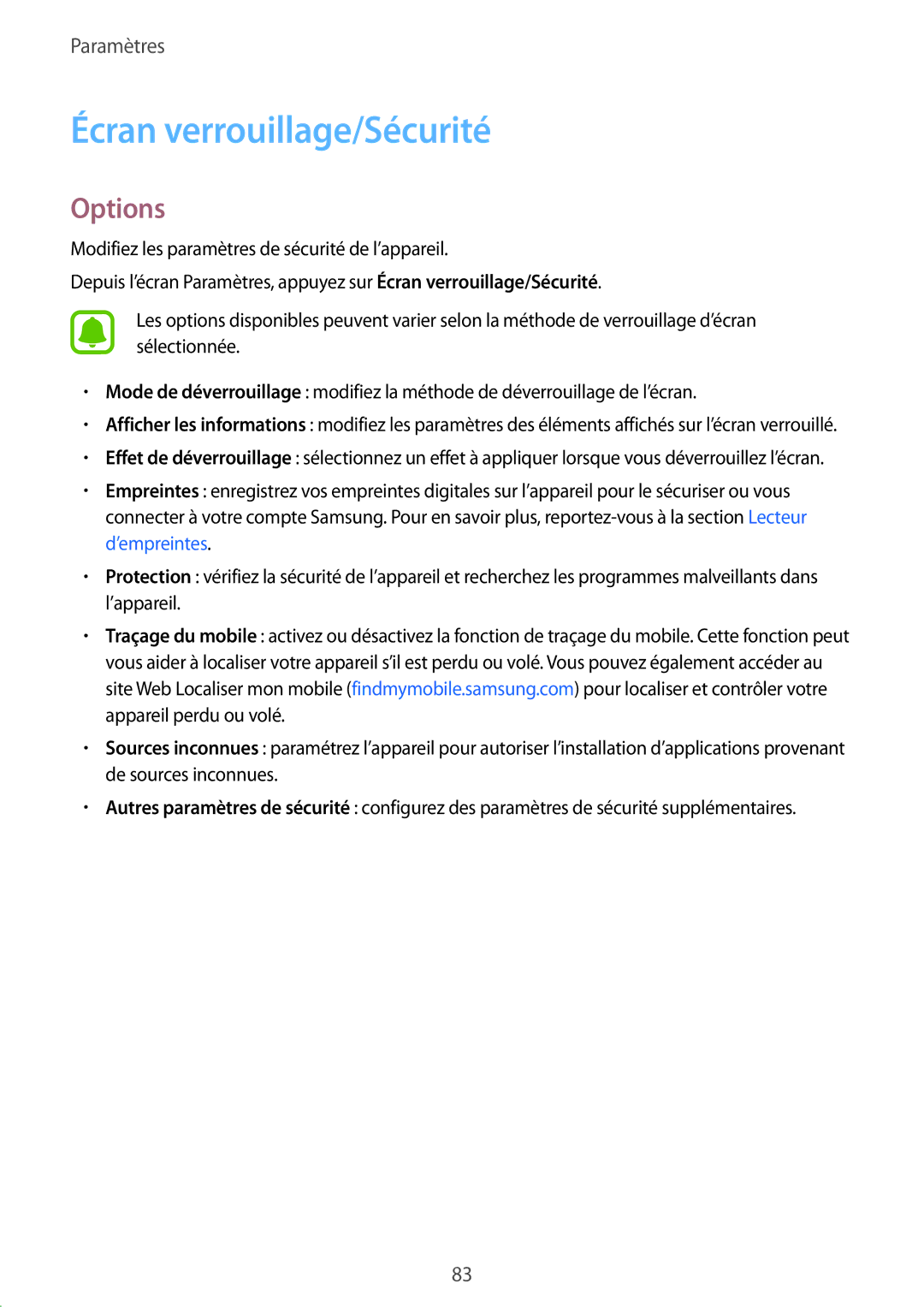 Samsung SM-T710NZKEXEF, SM-T710NZWEXEF manual Écran verrouillage/Sécurité, Options 