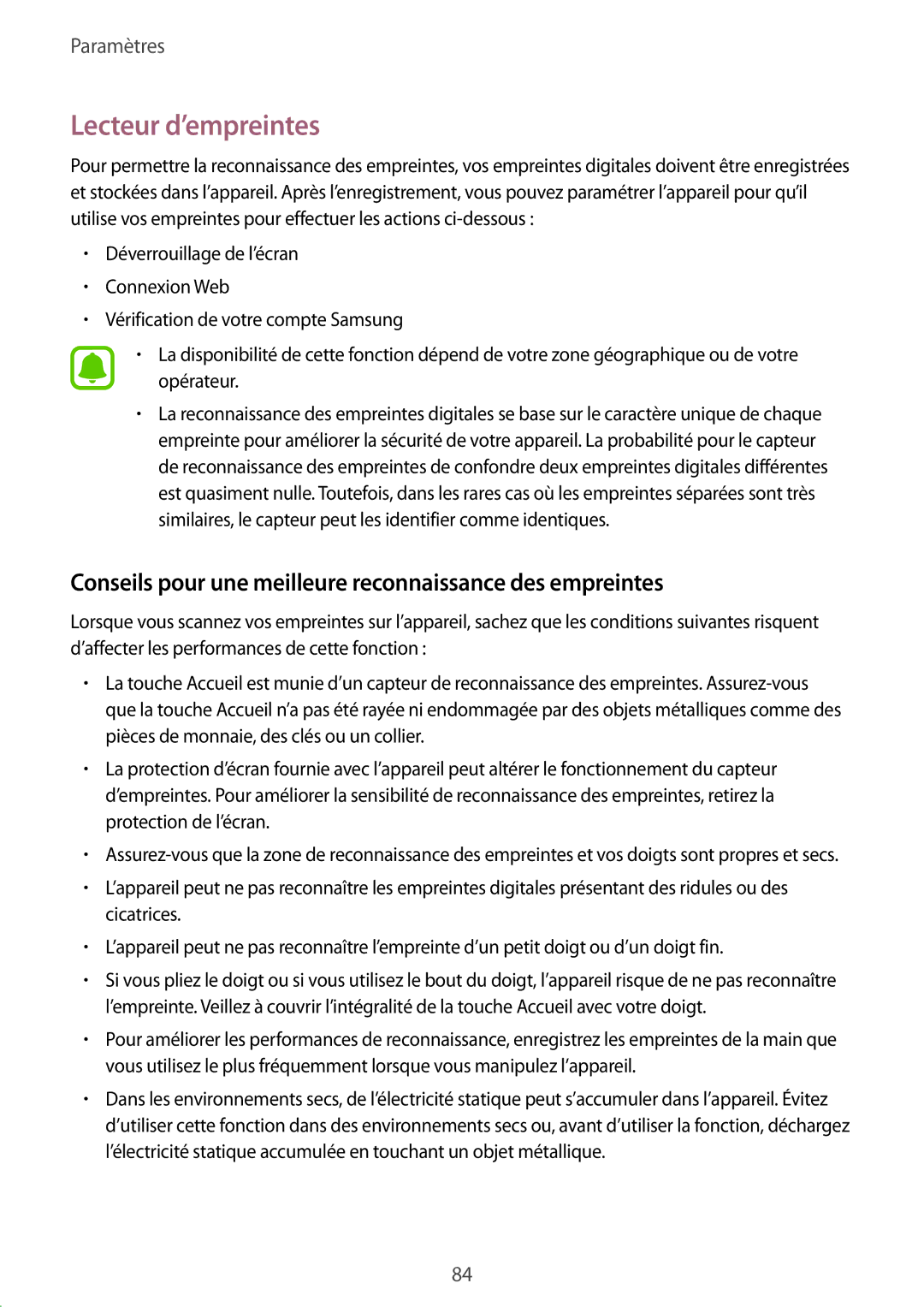 Samsung SM-T710NZWEXEF, SM-T710NZKEXEF Lecteur d’empreintes, Conseils pour une meilleure reconnaissance des empreintes 