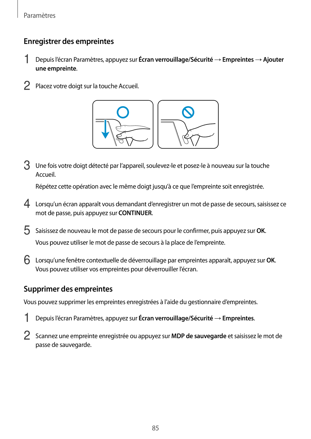 Samsung SM-T710NZKEXEF, SM-T710NZWEXEF manual Enregistrer des empreintes, Supprimer des empreintes 