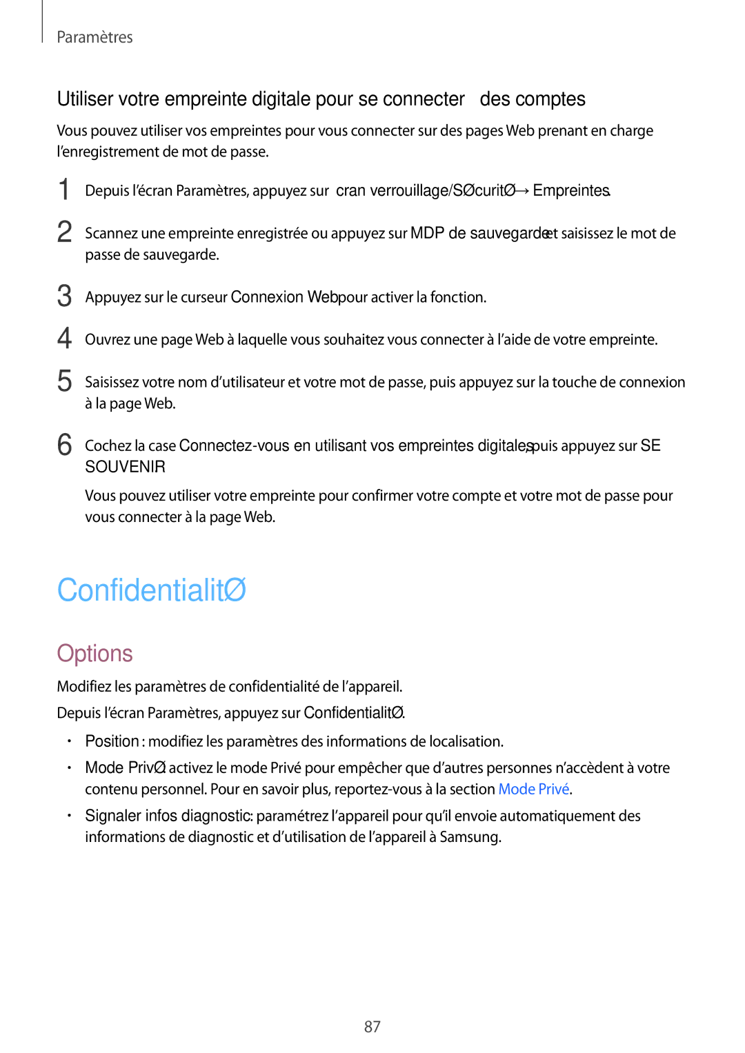 Samsung SM-T710NZKEXEF, SM-T710NZWEXEF manual Confidentialité, Options 