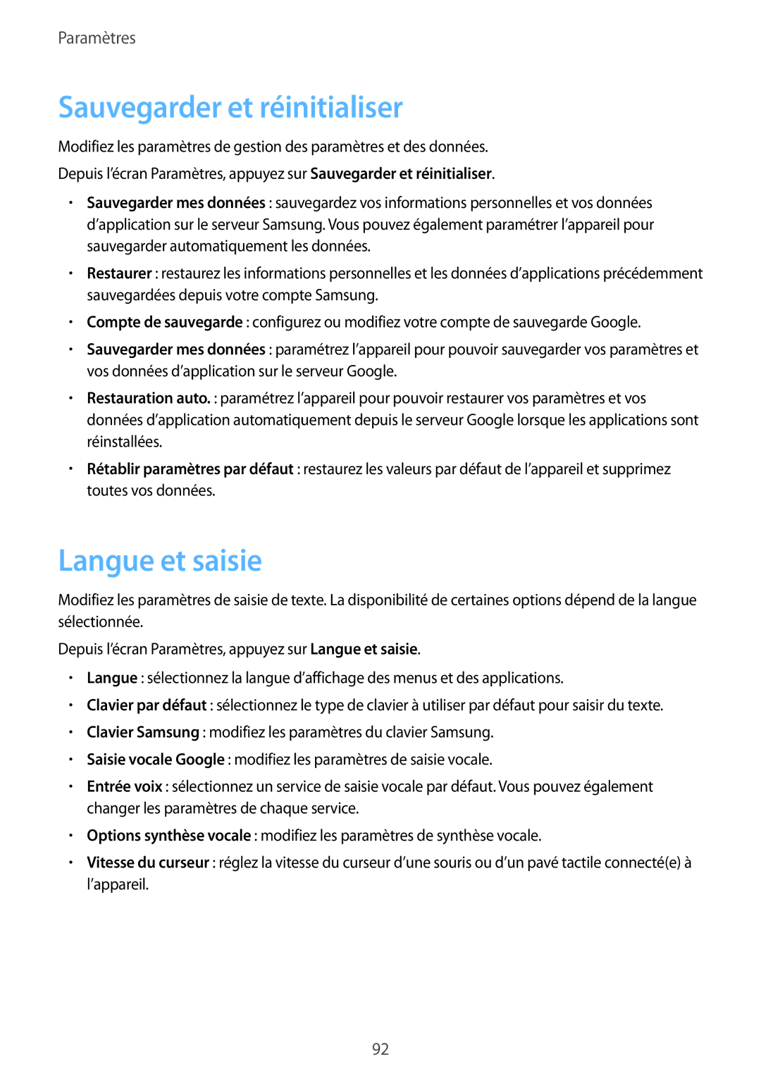 Samsung SM-T710NZWEXEF, SM-T710NZKEXEF manual Sauvegarder et réinitialiser, Langue et saisie 