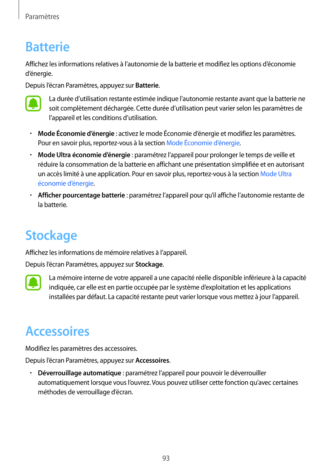 Samsung SM-T710NZKEXEF, SM-T710NZWEXEF manual Stockage, Accessoires 