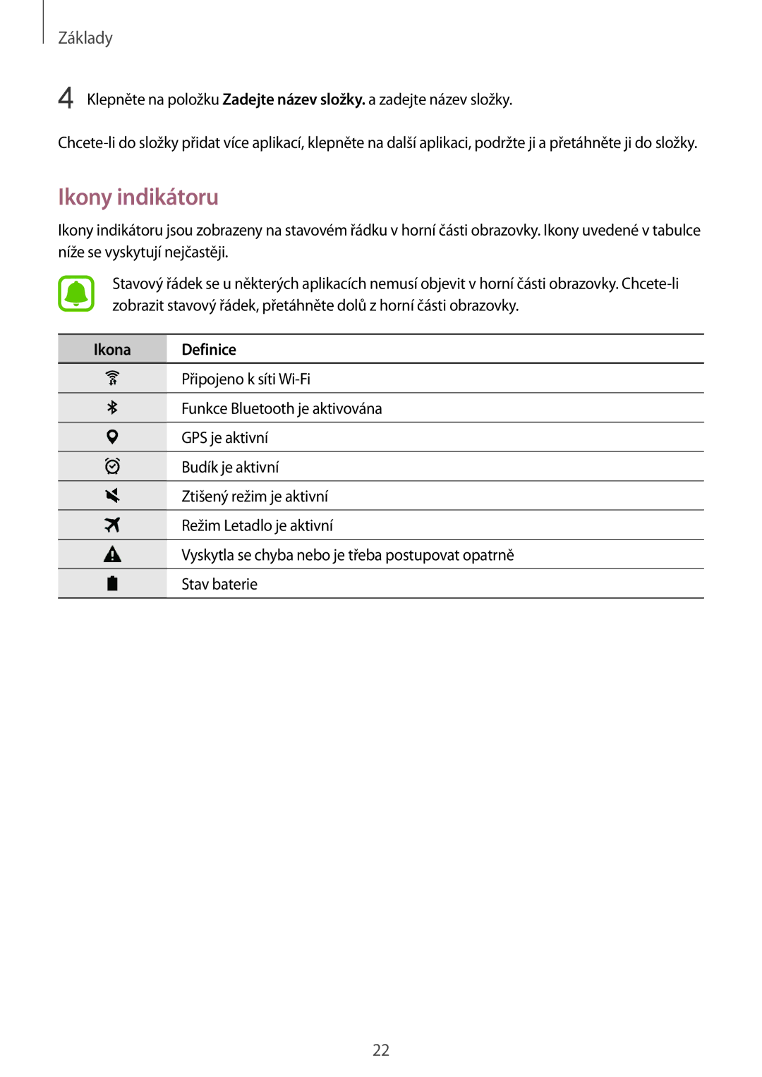 Samsung SM-T710NZKEXEH, SM-T710NZWEXSK, SM-T710NZWEEUR, SM-T710NZKEEUR, SM-T710NZWEATO manual Ikony indikátoru, Ikona Definice 
