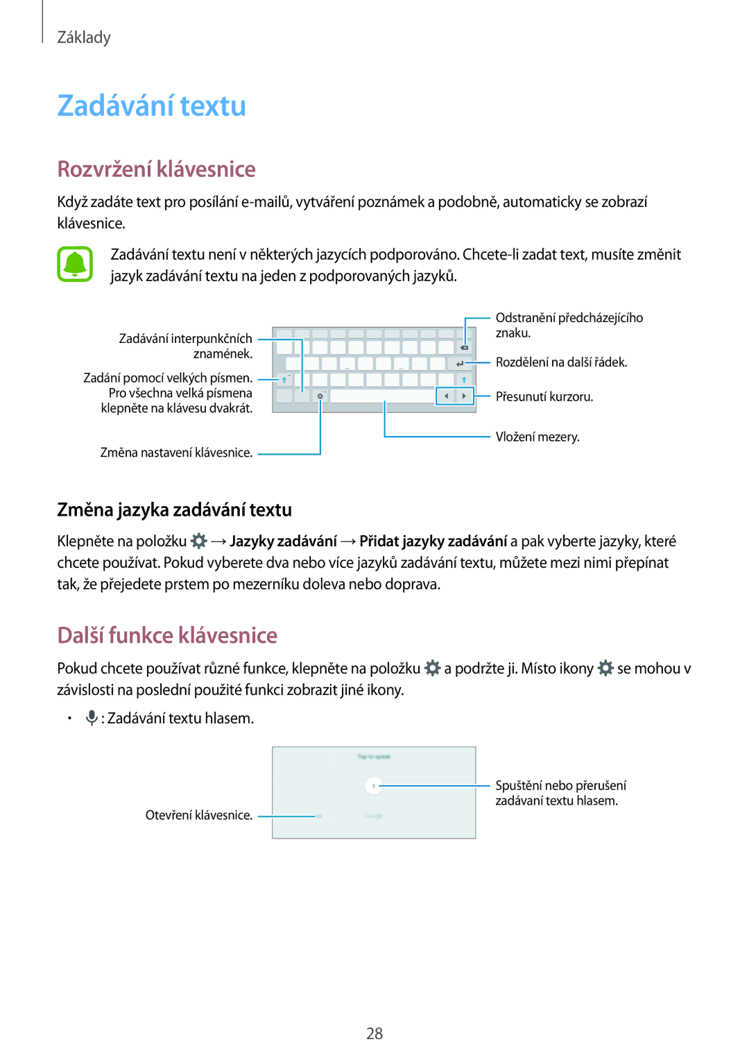 Samsung SM-T710NZKEXSK manual Zadávání textu, Rozvržení klávesnice, Další funkce klávesnice, Změna jazyka zadávání textu 