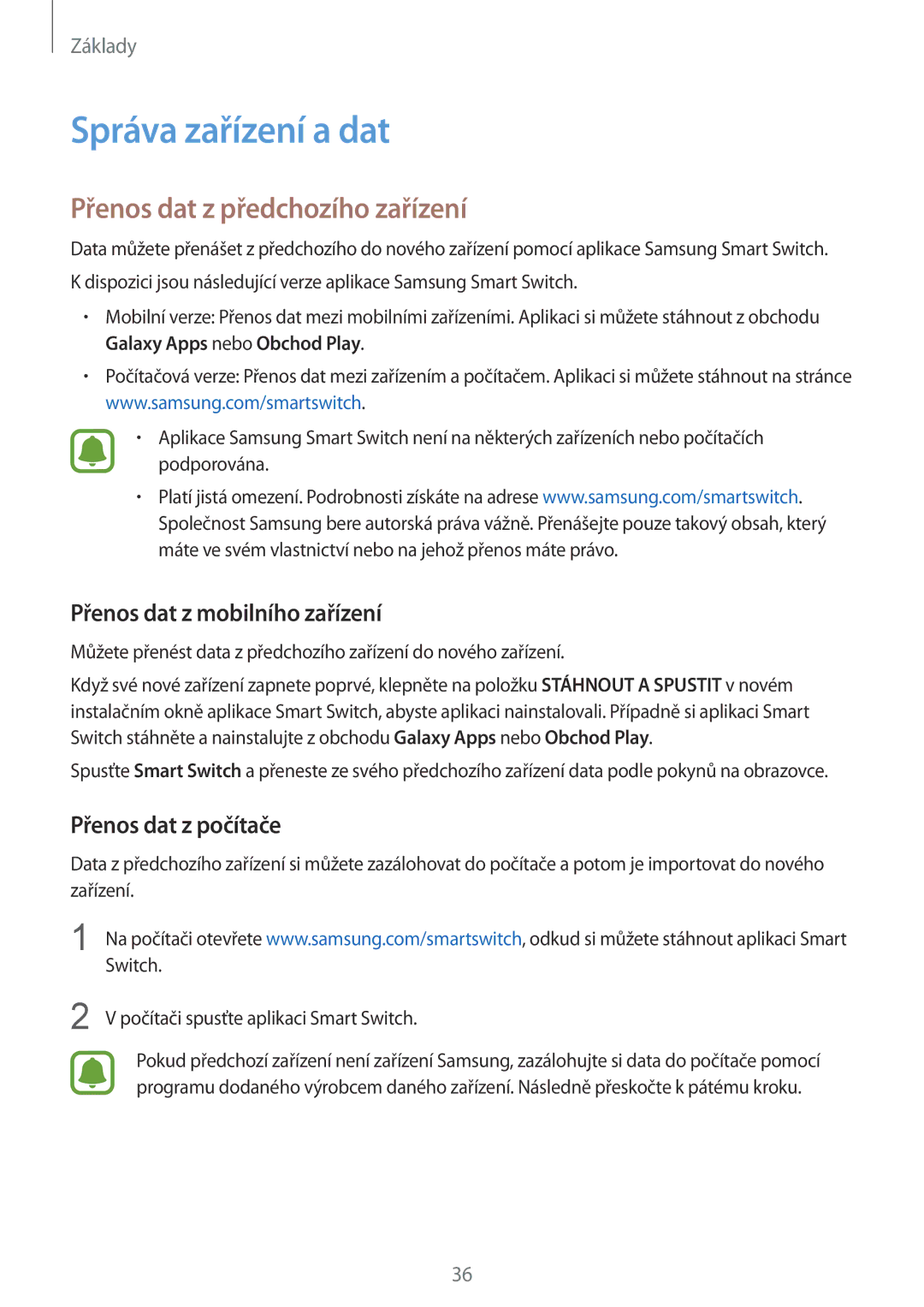 Samsung SM-T710NZWEXEH manual Správa zařízení a dat, Přenos dat z předchozího zařízení, Přenos dat z mobilního zařízení 