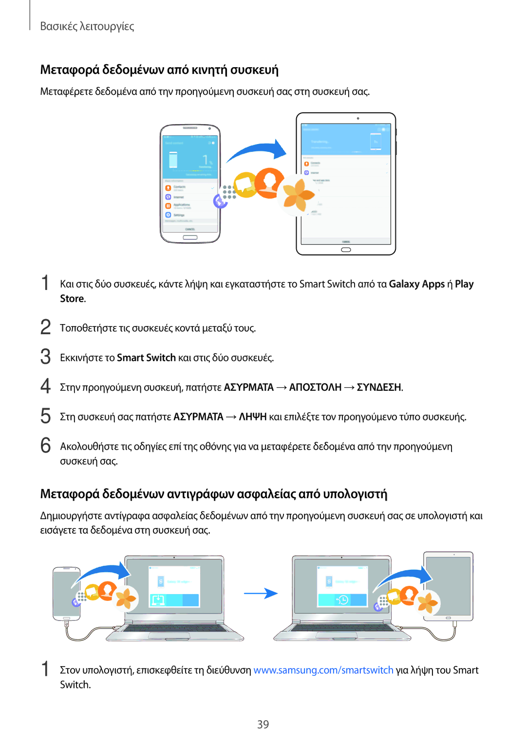 Samsung SM-T813NZKEEUR manual Μεταφορά δεδομένων από κινητή συσκευή, Μεταφορά δεδομένων αντιγράφων ασφαλείας από υπολογιστή 