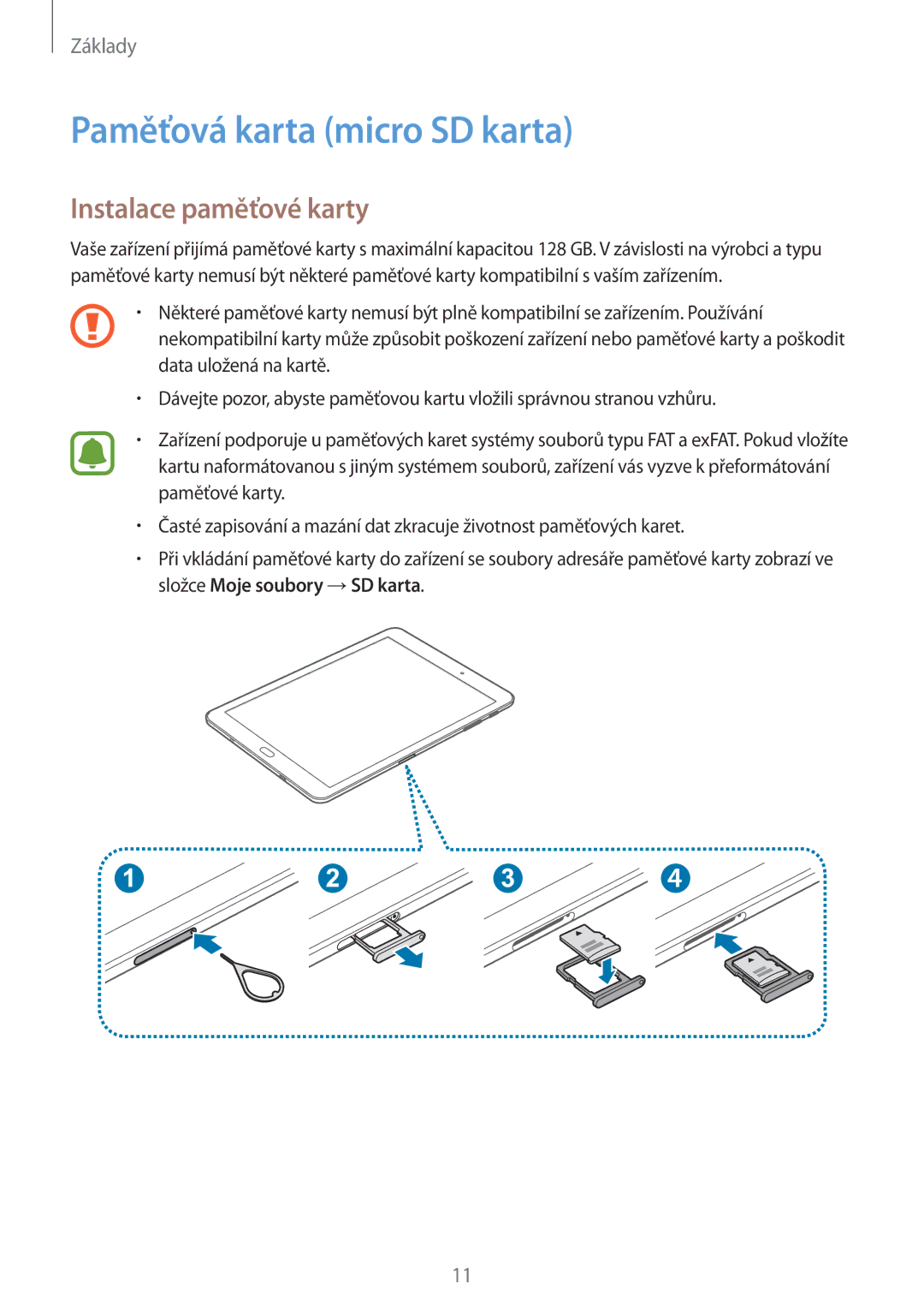 Samsung SM-T813NZKEXEZ, SM-T713NZKEXEZ manual Paměťová karta micro SD karta, Instalace paměťové karty 