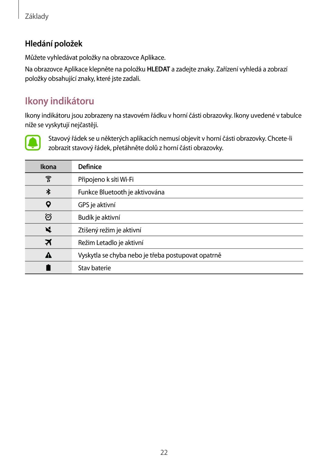 Samsung SM-T713NZKEXEZ, SM-T813NZKEXEZ manual Ikony indikátoru, Hledání položek, Ikona Definice 