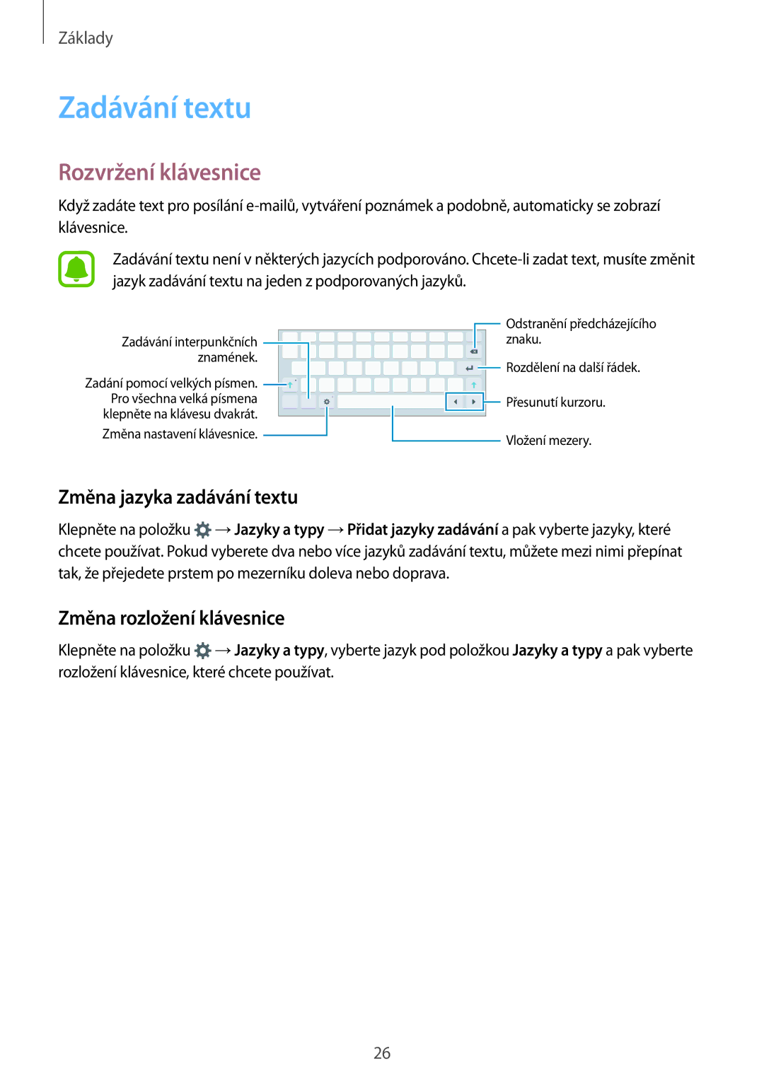 Samsung SM-T713NZKEXEZ manual Zadávání textu, Rozvržení klávesnice, Změna jazyka zadávání textu, Změna rozložení klávesnice 