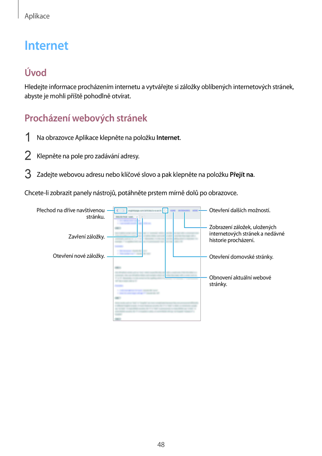 Samsung SM-T713NZKEXEZ, SM-T813NZKEXEZ manual Internet, Procházení webových stránek 