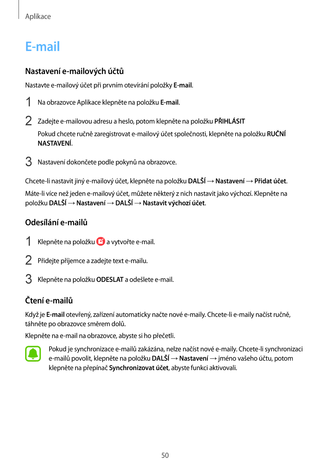 Samsung SM-T713NZKEXEZ, SM-T813NZKEXEZ manual Mail, Nastavení e-mailových účtů, Odesílání e-mailů, Čtení e-mailů 