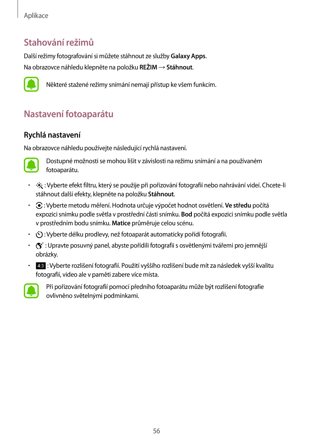 Samsung SM-T713NZKEXEZ, SM-T813NZKEXEZ manual Stahování režimů, Nastavení fotoaparátu, Rychlá nastavení 