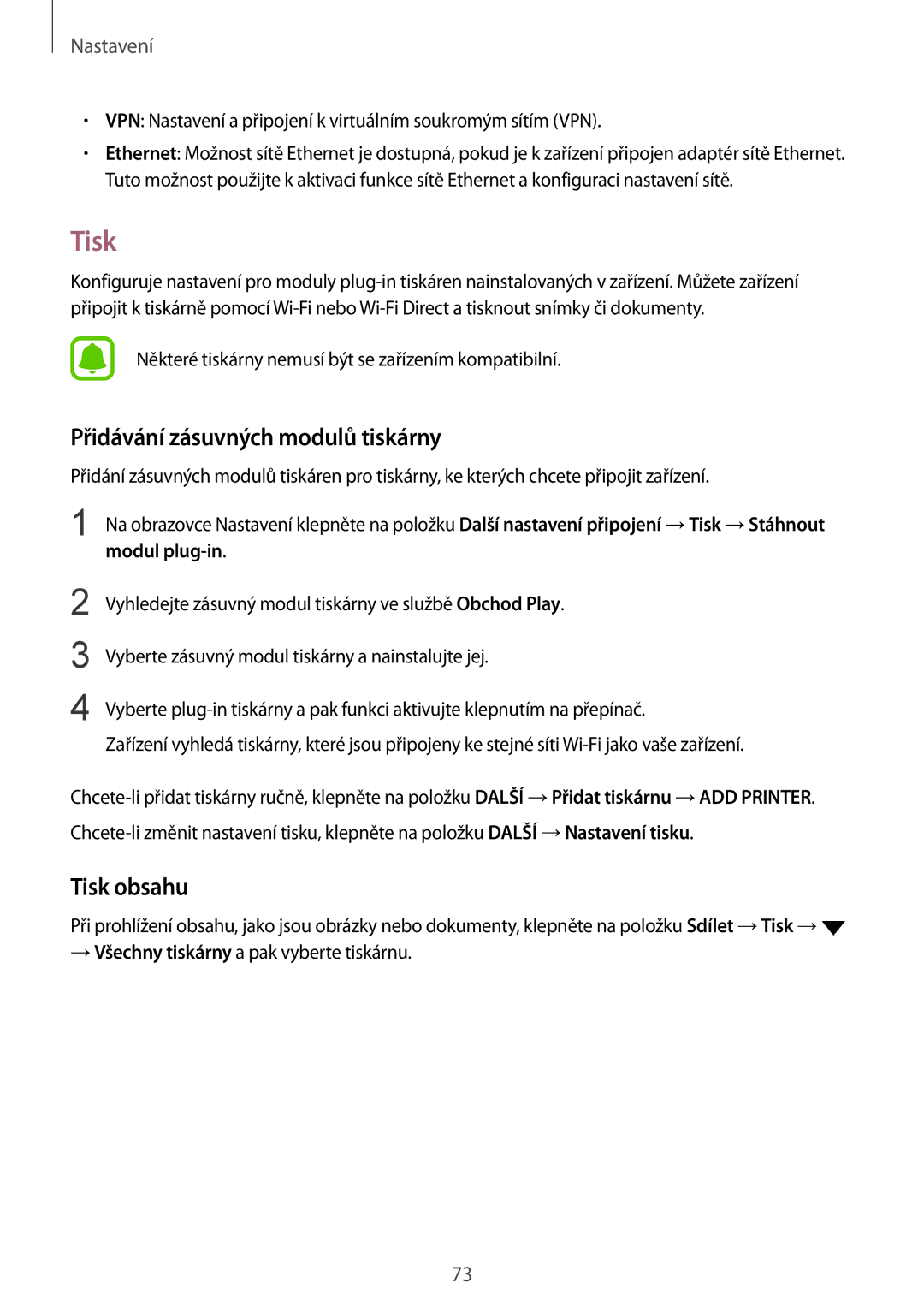 Samsung SM-T813NZKEXEZ, SM-T713NZKEXEZ manual Přidávání zásuvných modulů tiskárny, Tisk obsahu, Modul plug-in 