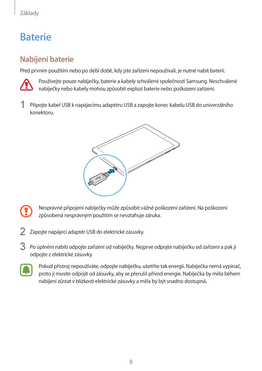 Samsung SM-T713NZKEXEZ, SM-T813NZKEXEZ manual Baterie, Nabíjení baterie 