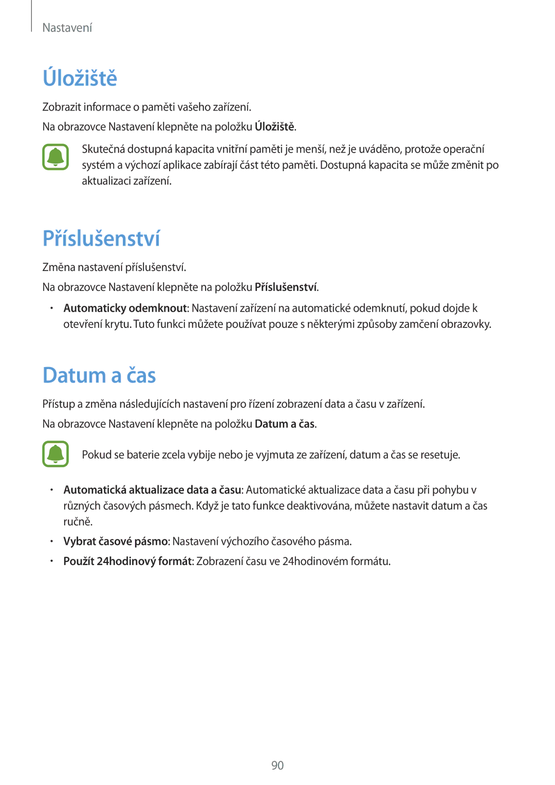 Samsung SM-T713NZKEXEZ, SM-T813NZKEXEZ manual Úložiště, Příslušenství, Datum a čas 