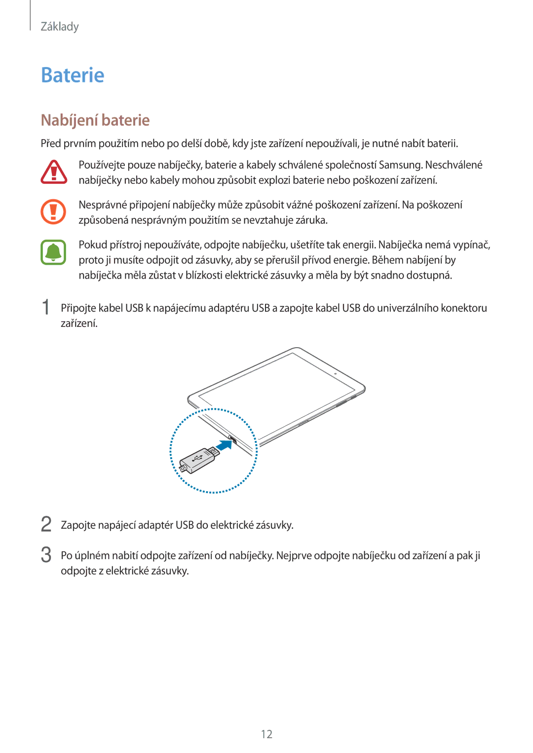 Samsung SM-T713NZKEXEZ, SM-T813NZKEXEZ manual Baterie, Nabíjení baterie 