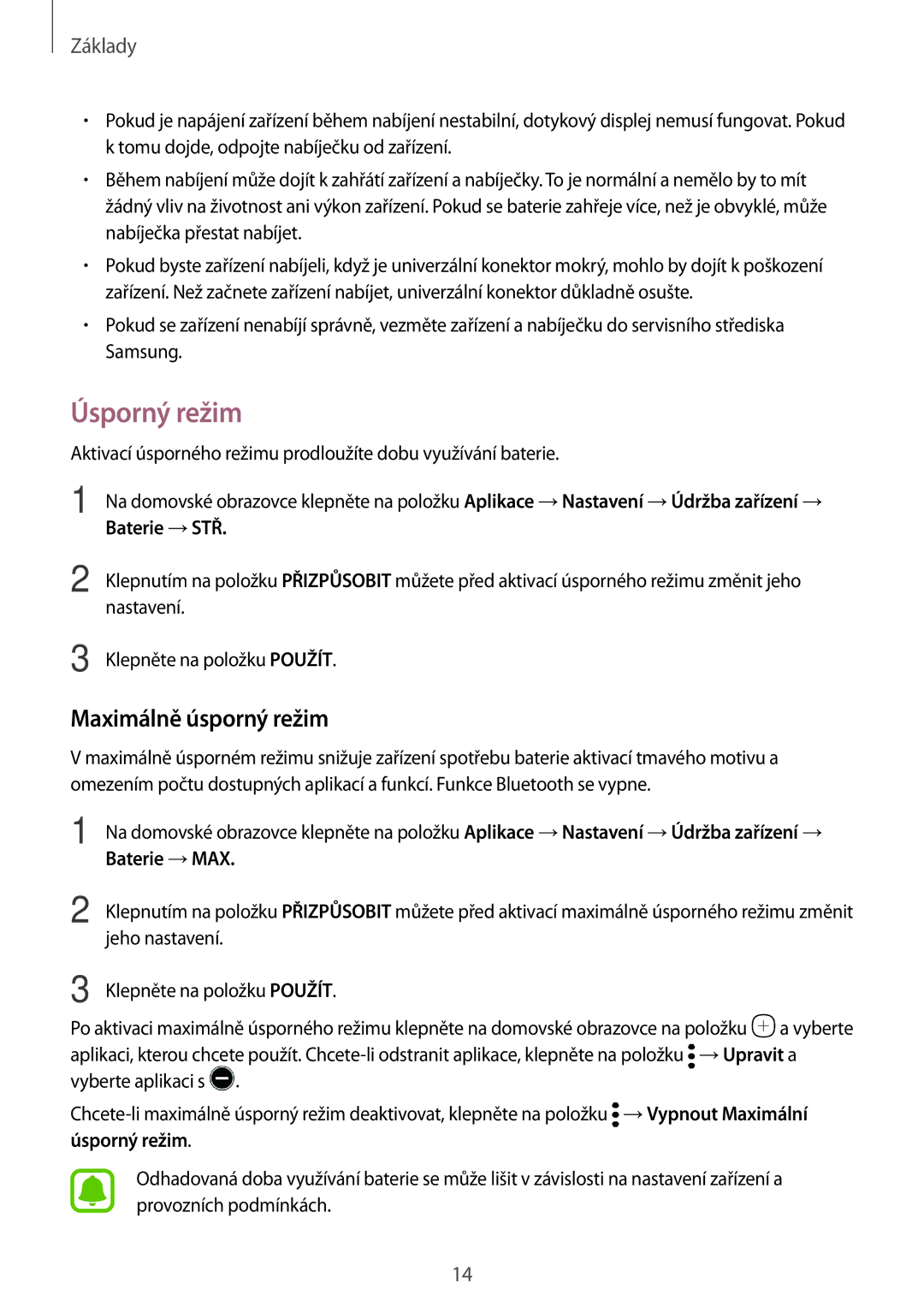 Samsung SM-T713NZKEXEZ, SM-T813NZKEXEZ manual Úsporný režim, Maximálně úsporný režim 