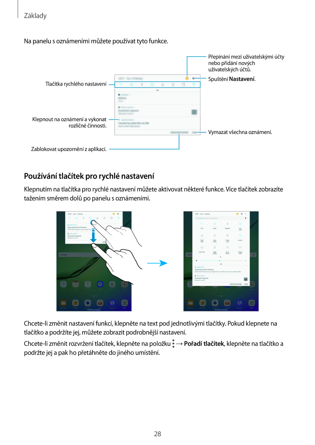 Samsung SM-T713NZKEXEZ manual Používání tlačítek pro rychlé nastavení, Na panelu s oznámeními můžete používat tyto funkce 