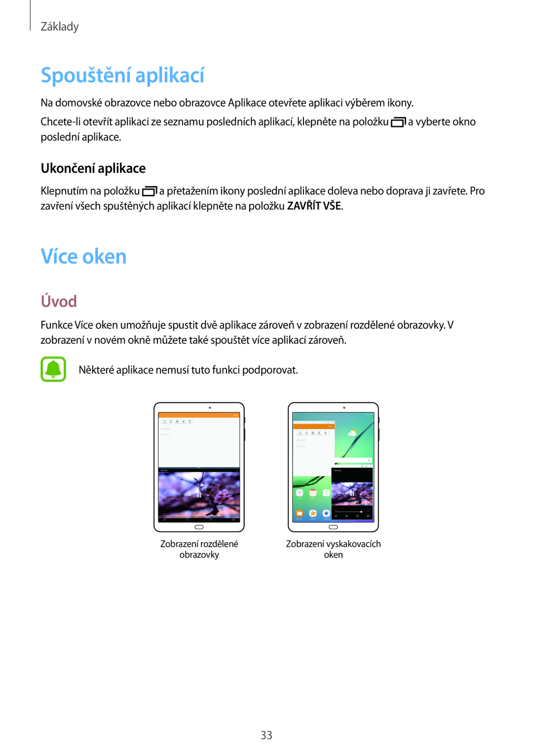 Samsung SM-T813NZKEXEZ, SM-T713NZKEXEZ manual Spouštění aplikací, Více oken, Úvod, Ukončení aplikace 