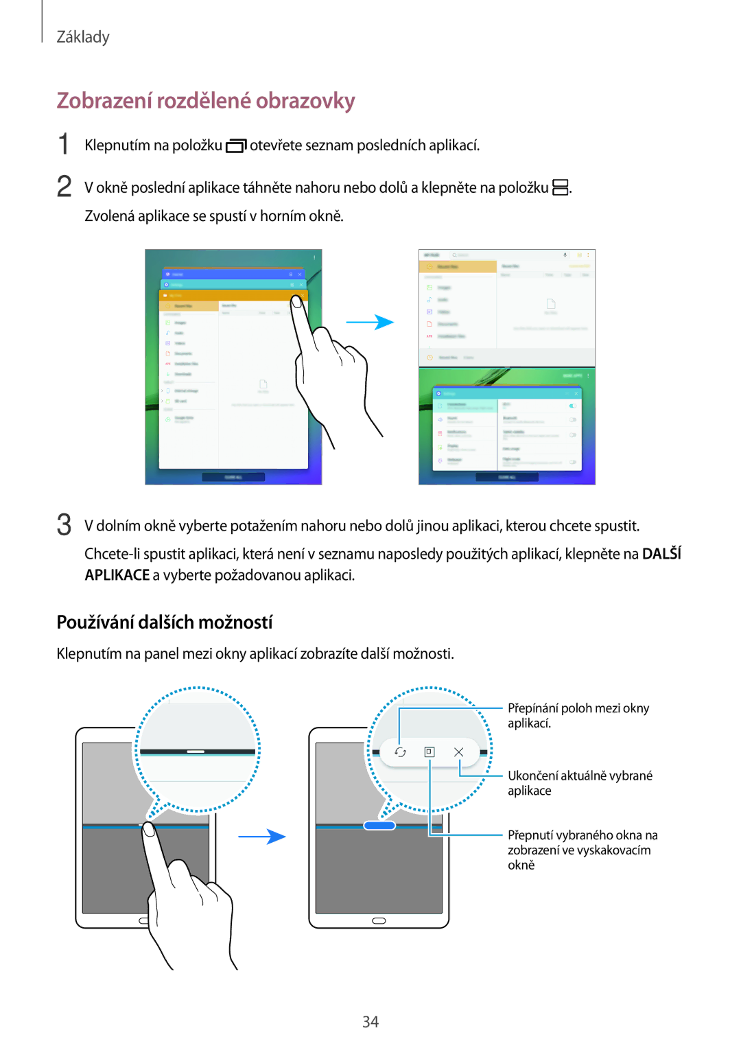 Samsung SM-T713NZKEXEZ, SM-T813NZKEXEZ manual Zobrazení rozdělené obrazovky, Používání dalších možností 