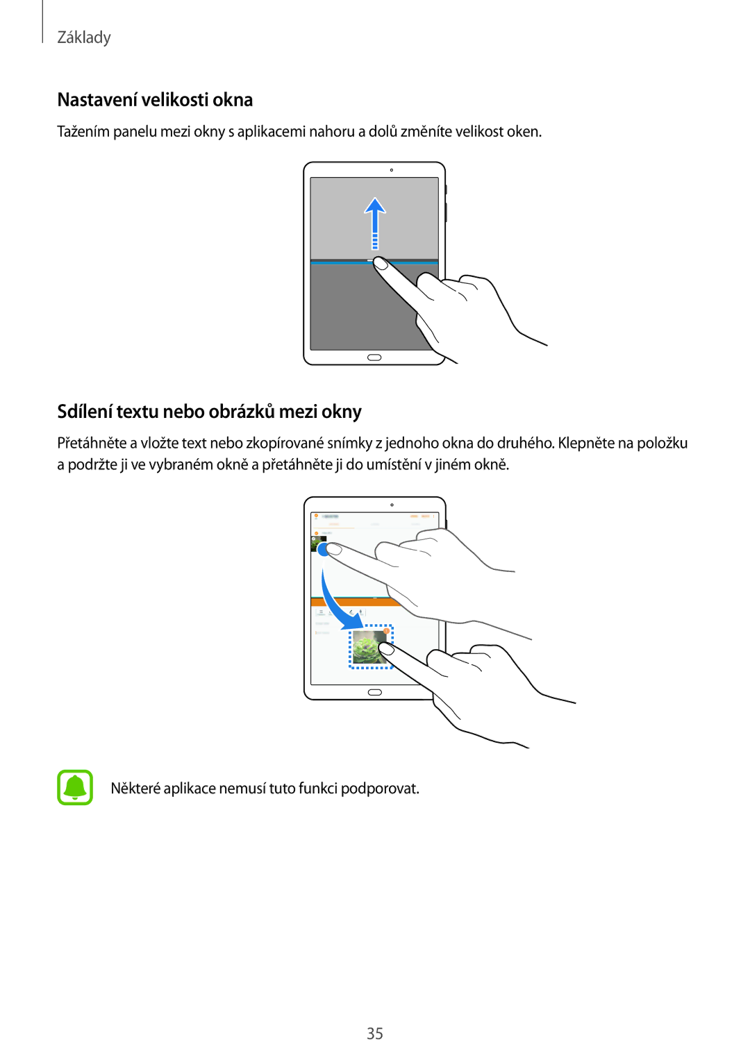 Samsung SM-T813NZKEXEZ, SM-T713NZKEXEZ manual Nastavení velikosti okna, Sdílení textu nebo obrázků mezi okny 