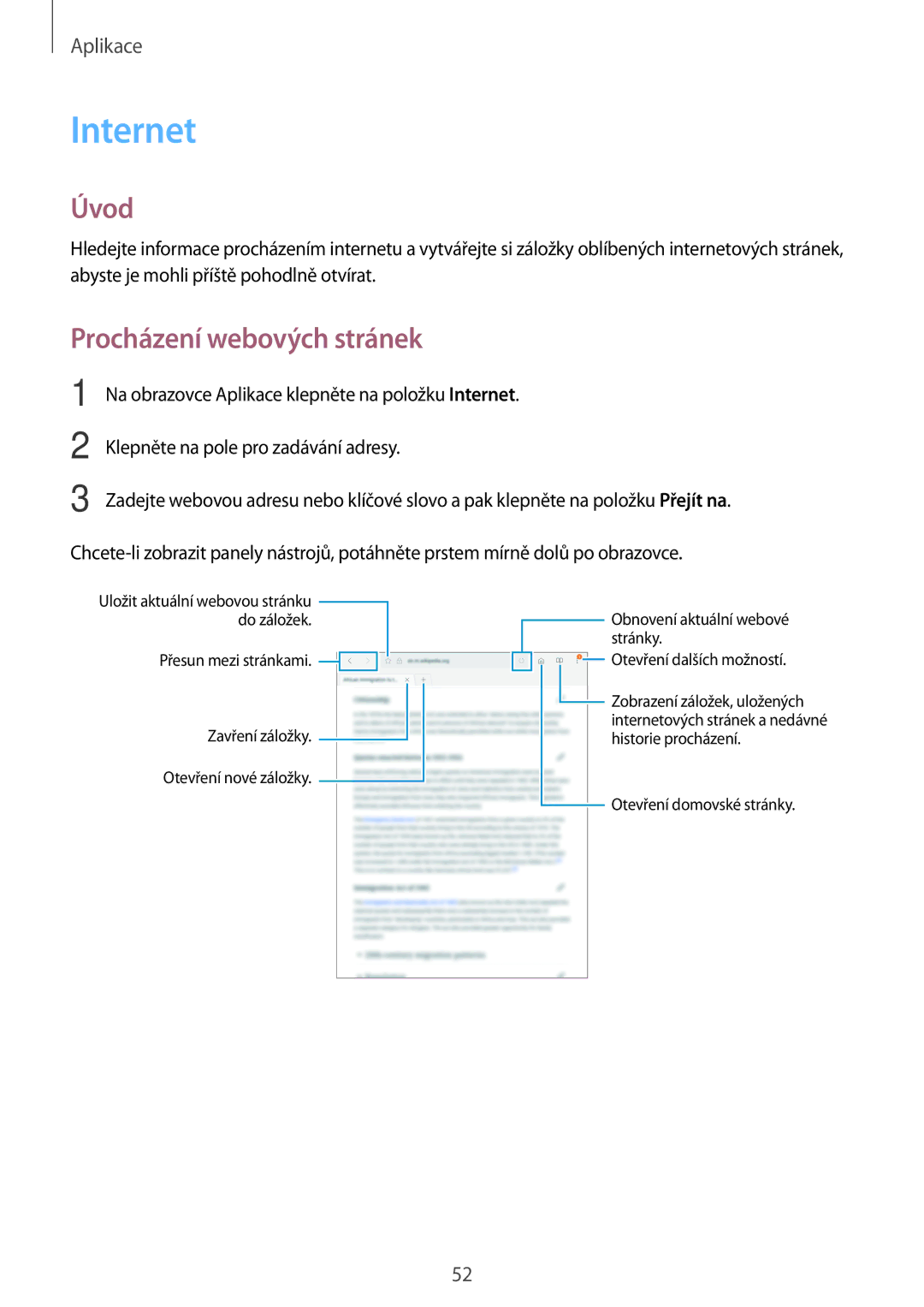 Samsung SM-T713NZKEXEZ, SM-T813NZKEXEZ manual Internet, Procházení webových stránek 