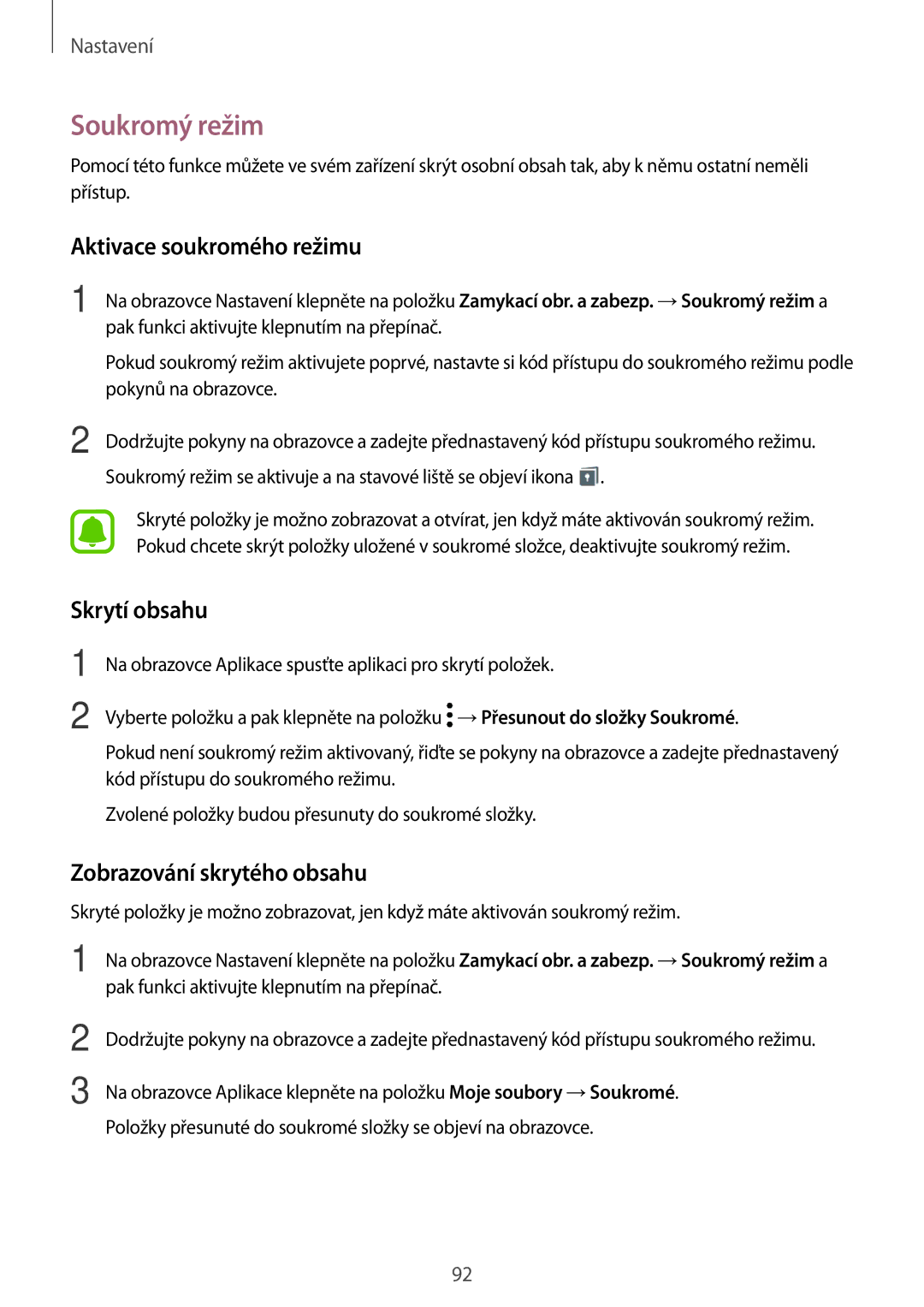 Samsung SM-T713NZKEXEZ manual Soukromý režim, Aktivace soukromého režimu, Skrytí obsahu, Zobrazování skrytého obsahu 