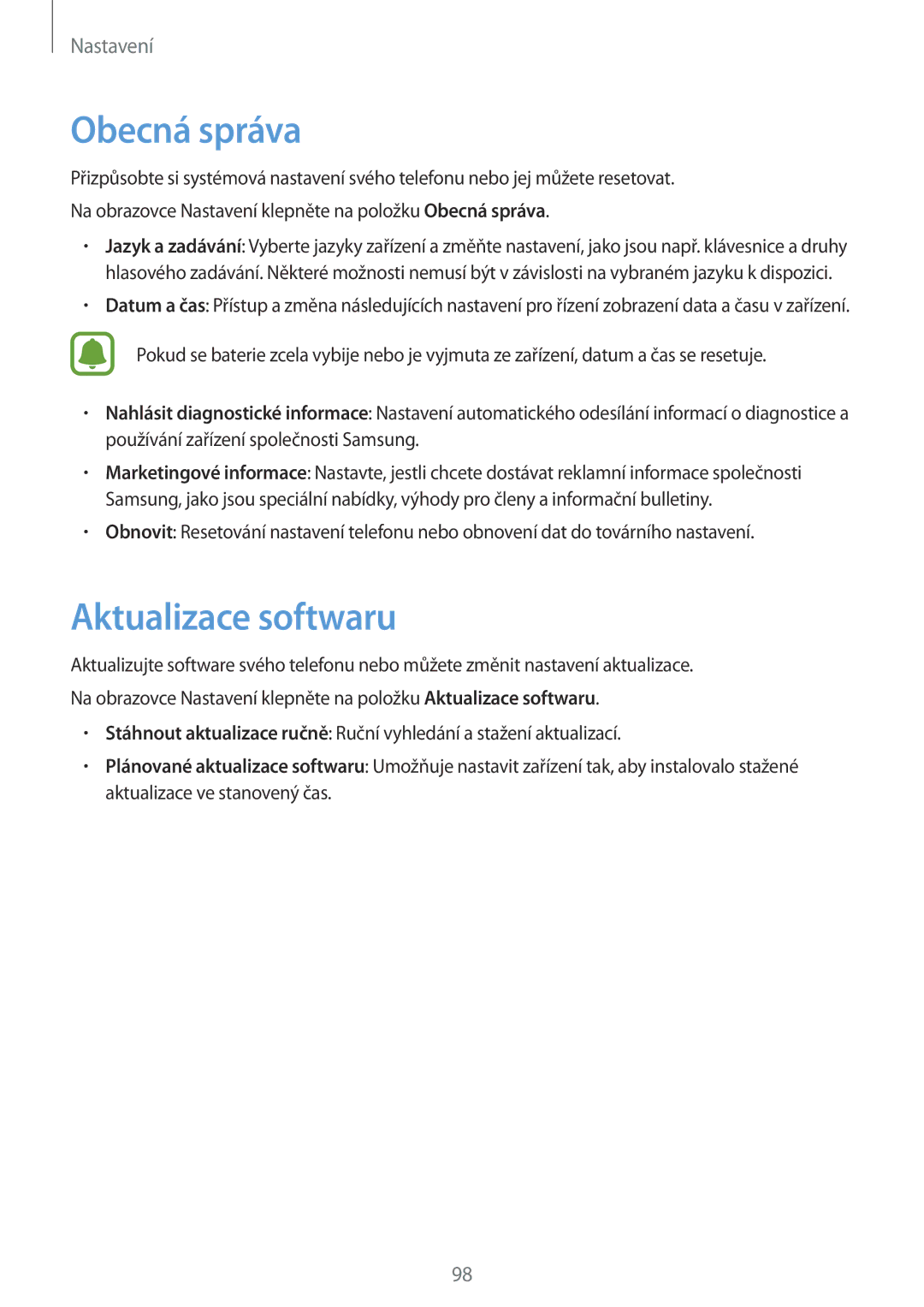 Samsung SM-T713NZKEXEZ, SM-T813NZKEXEZ manual Obecná správa, Aktualizace softwaru 