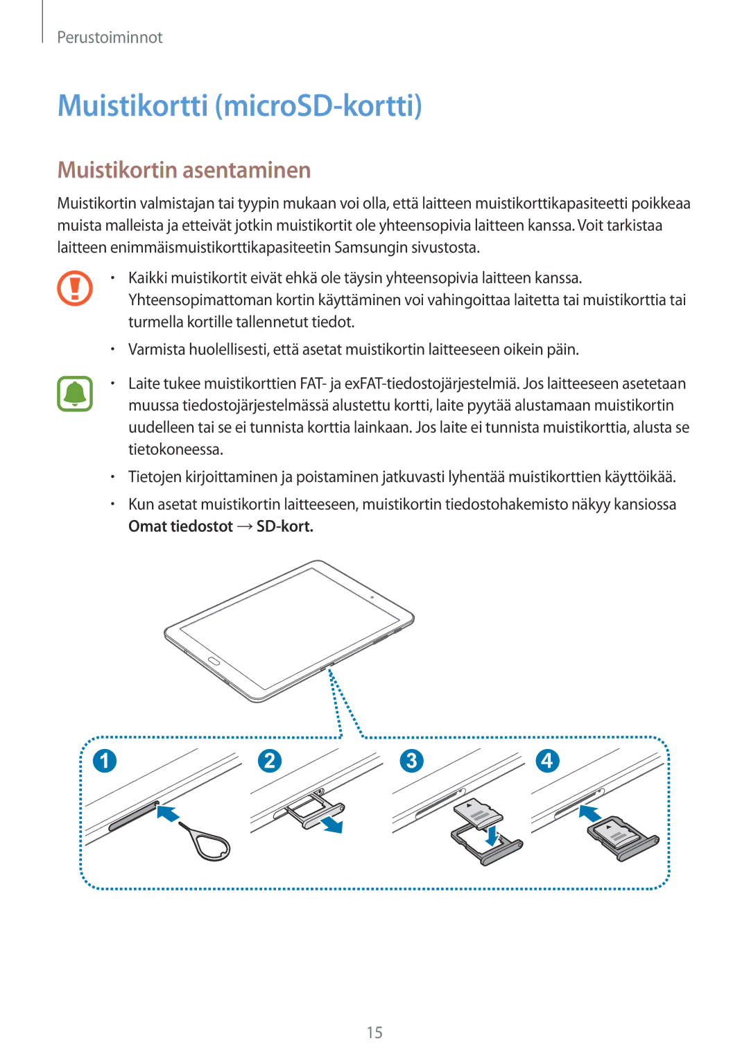 Samsung SM-T813NZWENEE, SM-T713NZWENEE, SM-T813NZKENEE, SM-T713NZKENEE Muistikortti microSD-kortti, Muistikortin asentaminen 