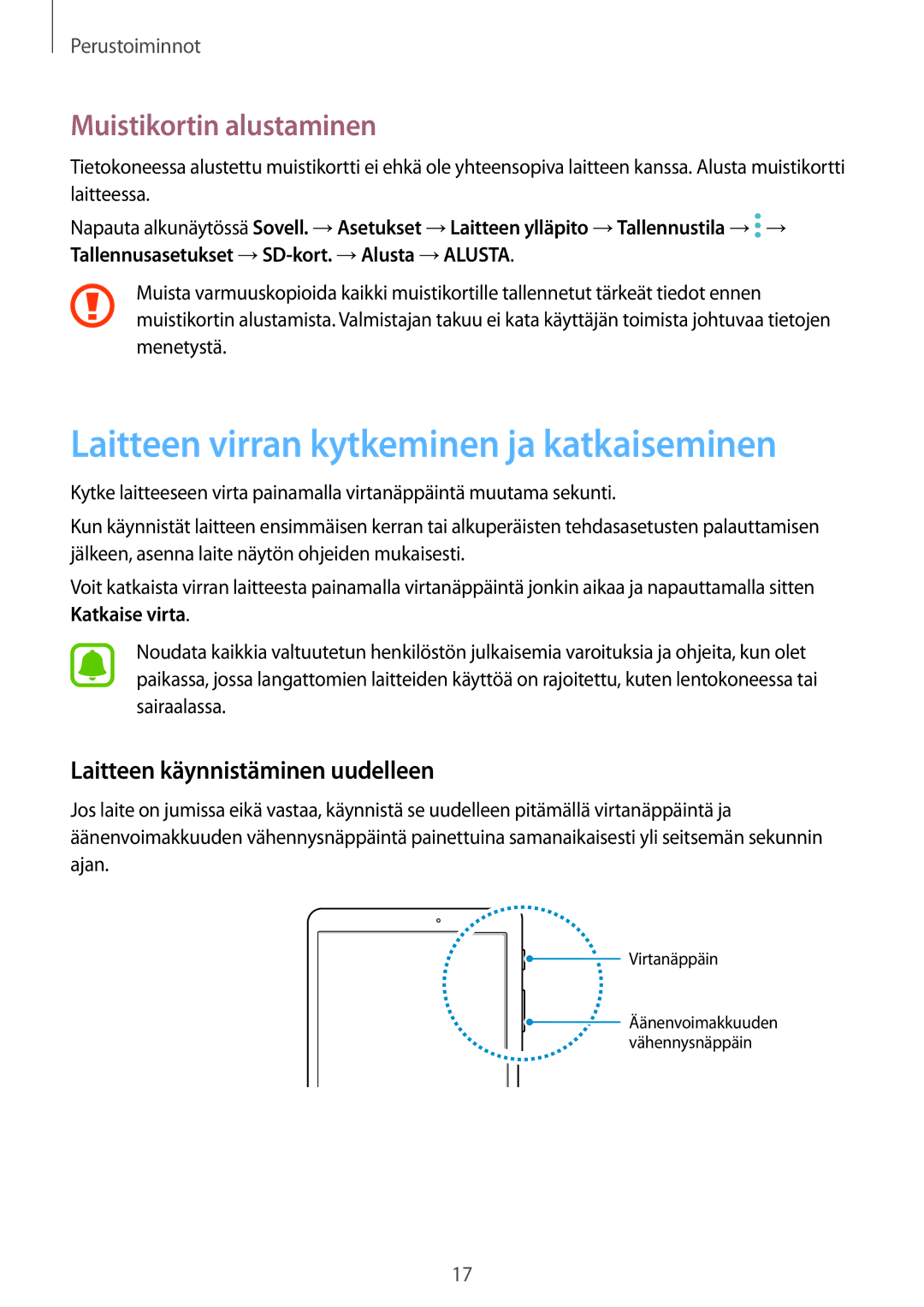 Samsung SM-T813NZKENEE, SM-T713NZWENEE manual Laitteen virran kytkeminen ja katkaiseminen, Muistikortin alustaminen 