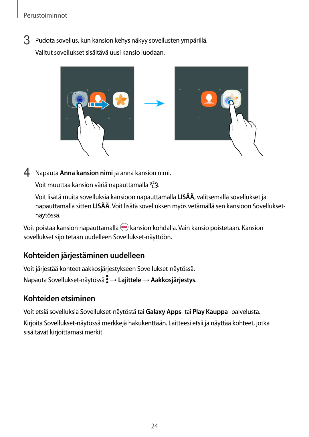 Samsung SM-T713NZWENEE, SM-T813NZKENEE, SM-T713NZKENEE manual Kohteiden järjestäminen uudelleen, Kohteiden etsiminen 