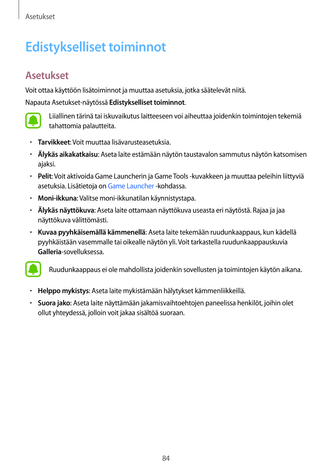 Samsung SM-T713NZWENEE, SM-T813NZKENEE, SM-T713NZKENEE, SM-T813NZWENEE manual Edistykselliset toiminnot 