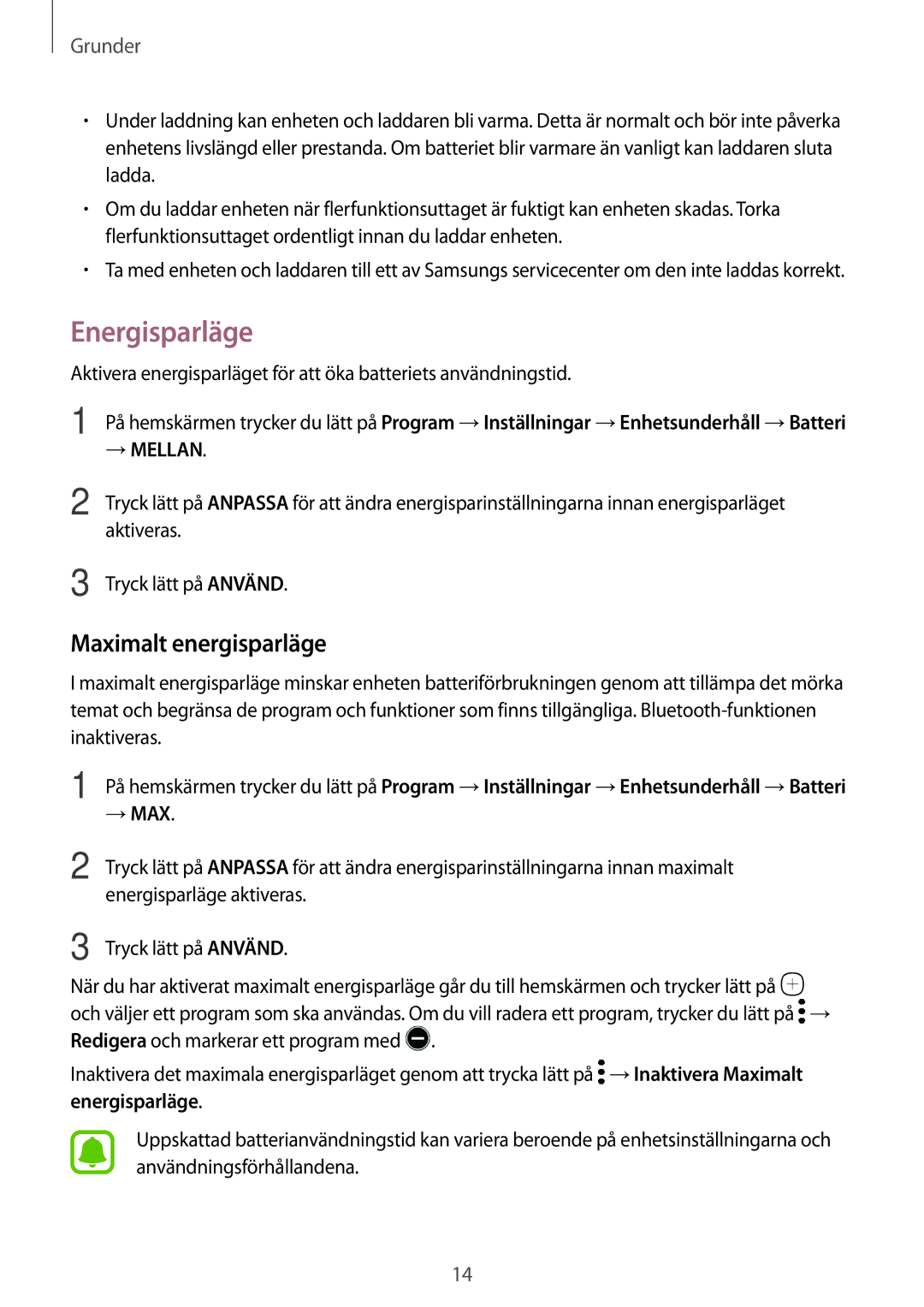 Samsung SM-T713NZKENEE, SM-T713NZWENEE, SM-T813NZKENEE, SM-T813NZWENEE manual Energisparläge, Maximalt energisparläge 