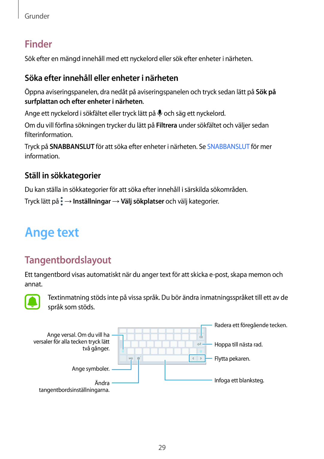 Samsung SM-T813NZKENEE, SM-T713NZWENEE Ange text, Finder, Tangentbordslayout, Söka efter innehåll eller enheter i närheten 