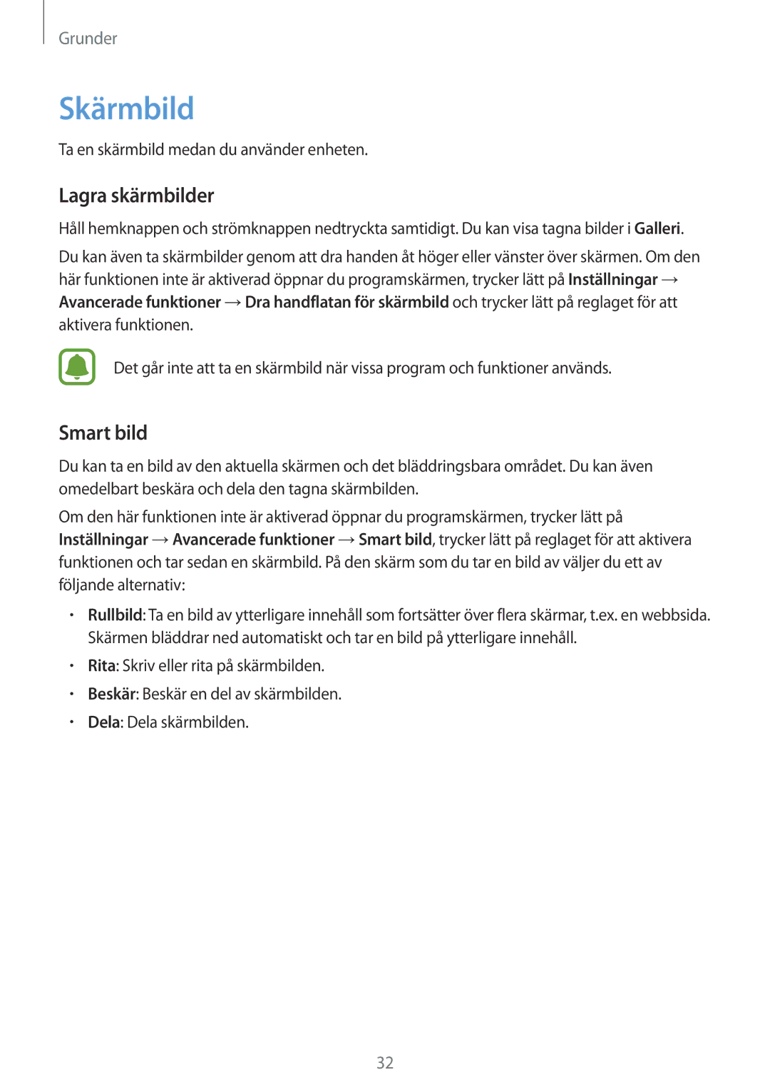 Samsung SM-T713NZWENEE, SM-T813NZKENEE, SM-T713NZKENEE, SM-T813NZWENEE manual Skärmbild, Lagra skärmbilder, Smart bild 