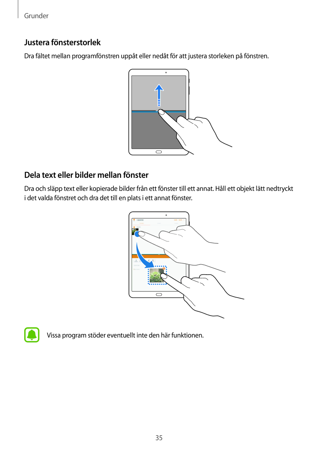 Samsung SM-T813NZWENEE, SM-T713NZWENEE, SM-T813NZKENEE manual Justera fönsterstorlek, Dela text eller bilder mellan fönster 