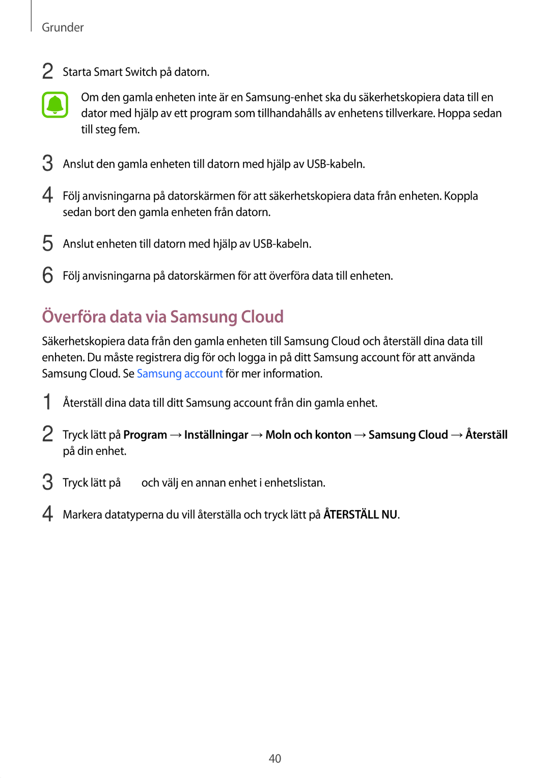 Samsung SM-T713NZWENEE, SM-T813NZKENEE, SM-T713NZKENEE, SM-T813NZWENEE manual Överföra data via Samsung Cloud 