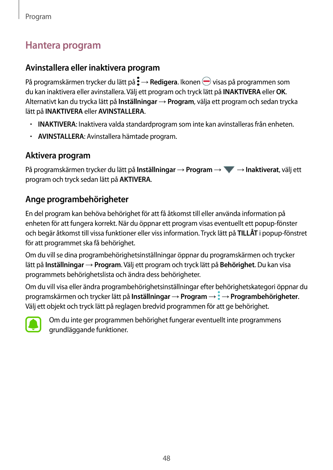 Samsung SM-T713NZWENEE Hantera program, Avinstallera eller inaktivera program, Aktivera program, Ange programbehörigheter 
