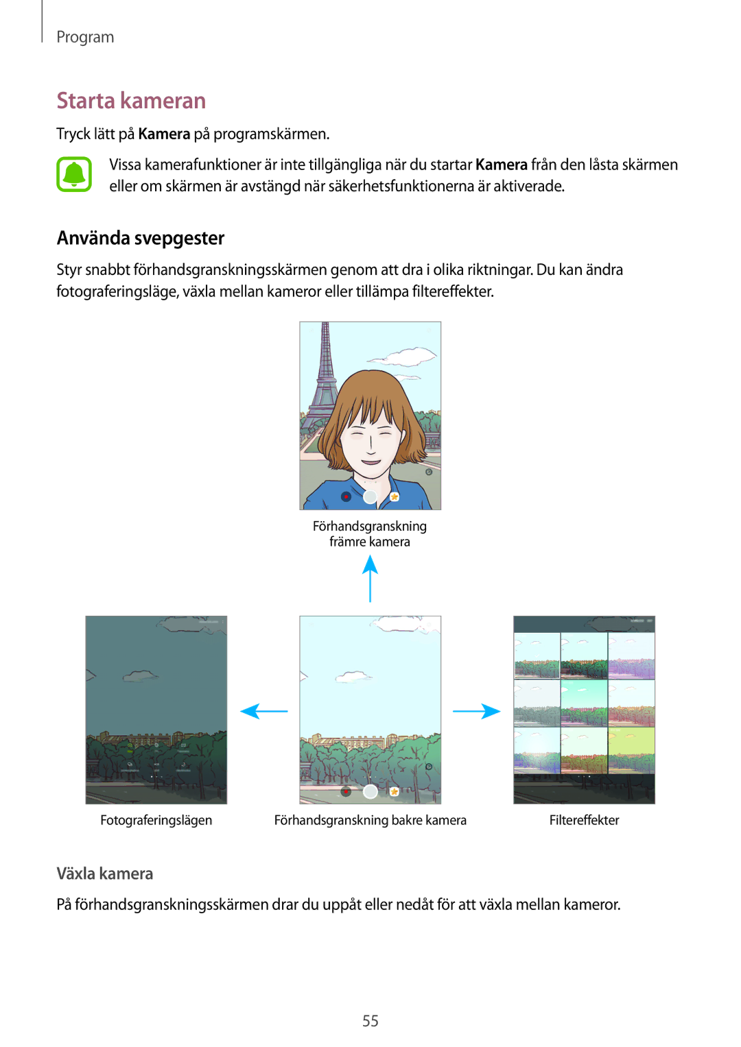 Samsung SM-T813NZWENEE, SM-T713NZWENEE, SM-T813NZKENEE, SM-T713NZKENEE manual Starta kameran, Använda svepgester 